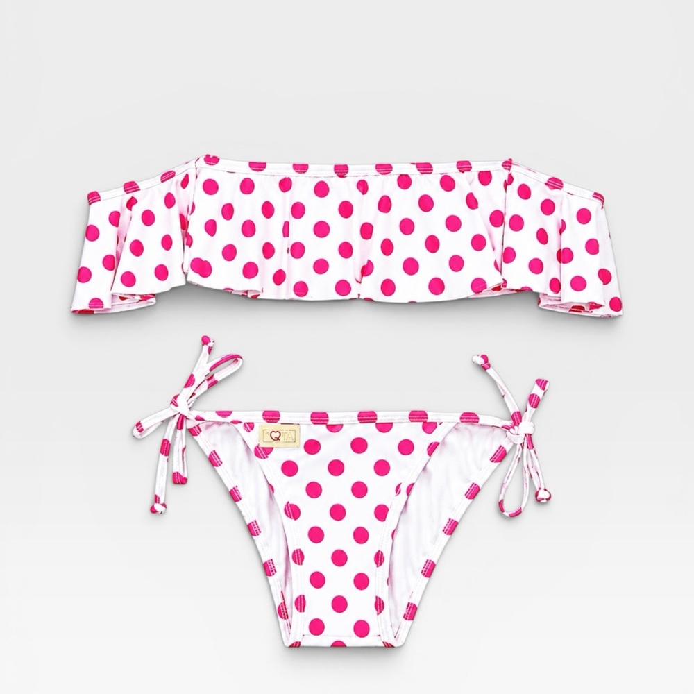 White & Hot Pink Polka Dot
Ruffle Bikini Set